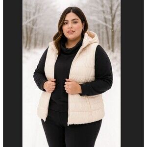 Torrid Puffer Vest Plus Size 2X 18 20 Ivory Nylon Hooded Cinch Waist Pockets EUC